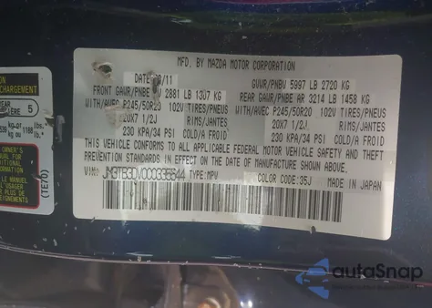 2012 Mazda Cx-9 Grand Touring из США, поврежденный, VIN JM3TB3DV0C0335544